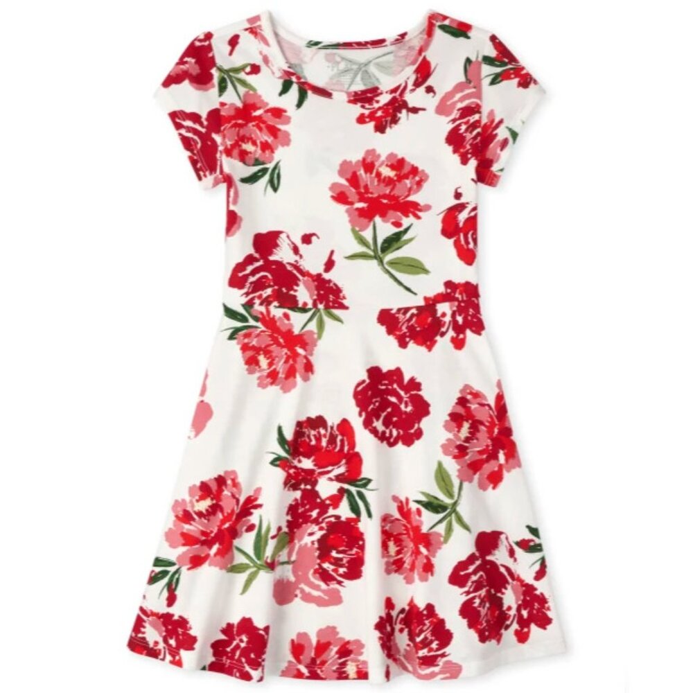 The Children's Place Floral Short Sleeve Dress, White/Red, Size M (7-8)